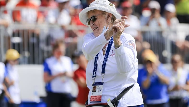 Sep 5, 2021; Toledo, Ohio, USA; Professional golfer and co-founder of the LPGA Tour, Shirley Spork stands on the first tee box during competition rounds of the Solheim Cup golf tournament at Inverness Club. Mandatory Credit: Aaron Doster-USA TODAY Sports