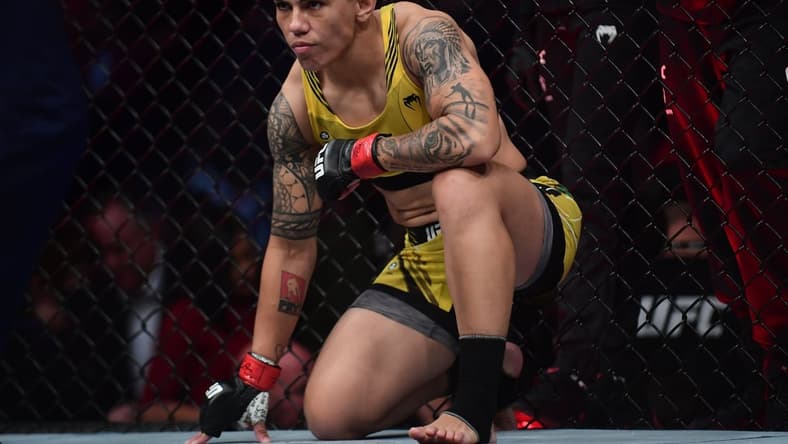 Sep 25, 2021; Las Vegas, Nevada, USA; Jessica Andrade reacts before fighting against Cynthia Calvillo during UFC 266 at T-Mobile Arena. Mandatory Credit: Gary A. Vasquez-USA TODAY Sports