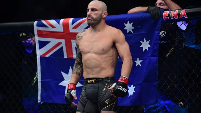Sep 25, 2021; Las Vegas, Nevada, USA; Alexander Volkanovski is introduced before fighting Brian Ortega during UFC 266 at T-Mobile Arena. Mandatory Credit: Gary A. Vasquez-USA TODAY Sports