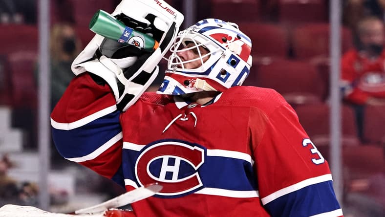 Oct 7, 2021; Montreal, Quebec, CAN; Montreal Canadiens goaltender Carey Price (31) drinks during the third period against Ottawa Senators at Bell Centre. Mandatory Credit: Jean-Yves Ahern-USA TODAY Sports