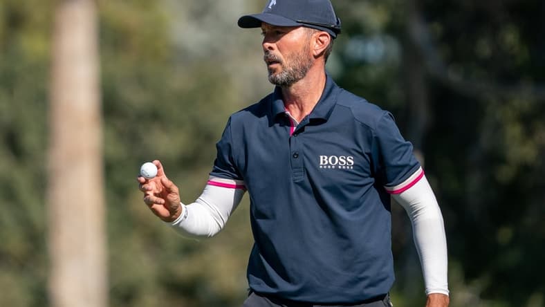 Nov 12, 2021; Phoenix, Arizona, USA; Mike Weir reacts after making his putt during the second round of the Charles Schwab Cup Championship golf tournament at Phoenix Country Club. Mandatory Credit: Allan Henry-USA TODAY Sports