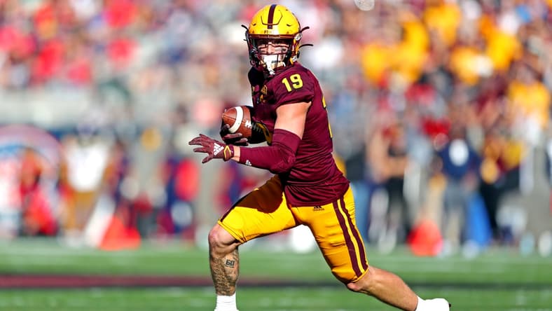 Nov 27, 2021; Tempe, Arizona, USA; Arizona State Sun Devils wide receiver Ricky Pearsall (19) runs the ball during the first half against the Arizona Wildcats at Sun Devil Stadium. Mandatory Credit: Mark J. Rebilas-USA TODAY Sports