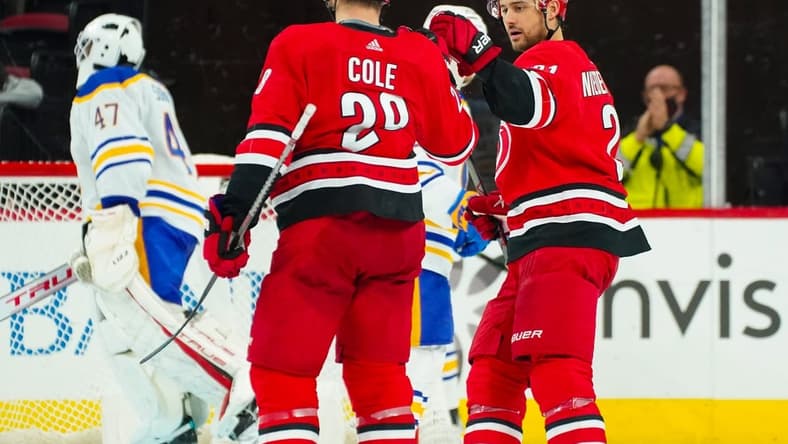 Dec 4, 2021; Raleigh, North Carolina, USA; Carolina Hurricanes defenseman Ian Cole (28) is congratulated by right wing Nino Niederreiter (21) after his goal against the Buffalo Sabres during the second period at PNC Arena. Mandatory Credit: James Guillory-USA TODAY Sports