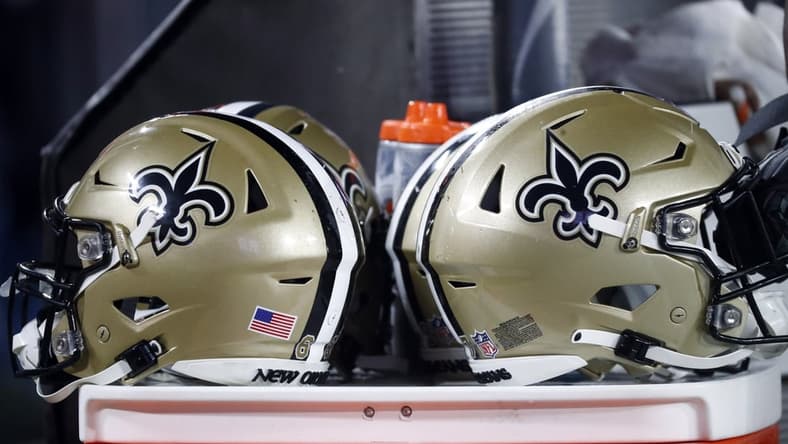 Dec 19, 2021; Tampa, Florida, USA; A detail view of New Orleans Saints helmets against the Tampa Bay Buccaneers during the second half at Raymond James Stadium. Mandatory Credit: Kim Klement-USA TODAY Sports