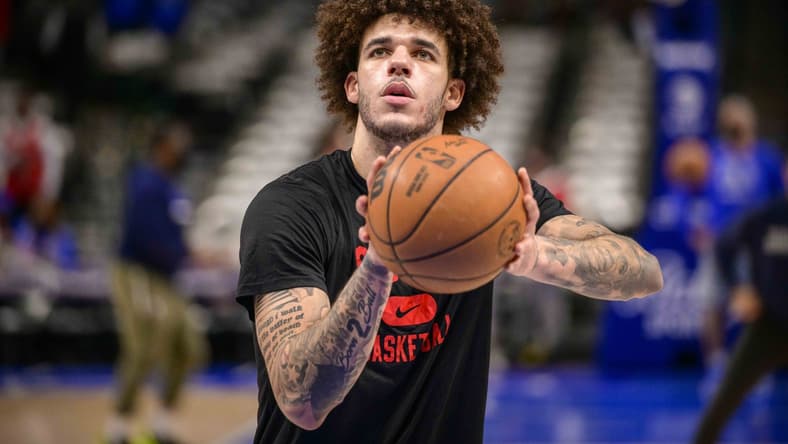 Jan 9, 2022; Dallas, Texas, USA; Chicago Bulls guard Lonzo Ball (2) warms up before the game against the Dallas Mavericks at the American Airlines Center. Mandatory Credit: Jerome Miron-USA TODAY Sports