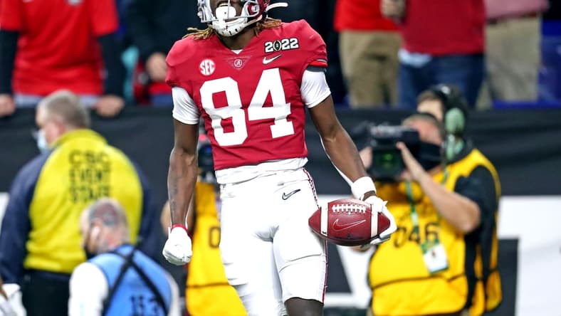 Jan 10, 2022; Indianapolis, IN, USA; Alabama Crimson Tide wide receiver Agiye Hall (84) reacts during the second half after the game in the 2022 CFP college football national championship game at Lucas Oil Stadium. Mandatory Credit: Mark J. Rebilas-USA TODAY Sports