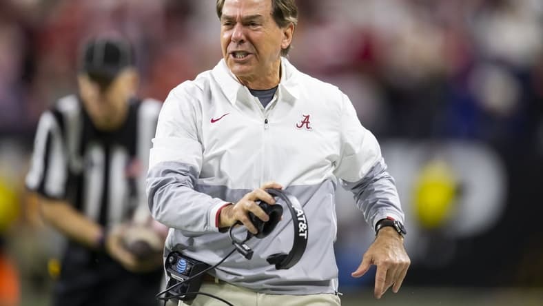 Jan 10, 2022; Indianapolis, IN, USA; Alabama Crimson Tide head coach Nick Saban reacts against the Georgia Bulldogs in the 2022 CFP college football national championship game at Lucas Oil Stadium. Mandatory Credit: Mark J. Rebilas-USA TODAY Sports