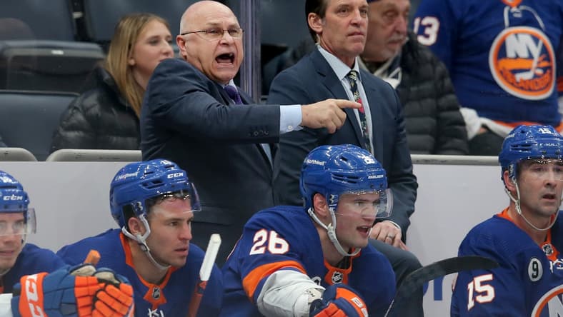Jan 27, 2022; Elmont, New York, USA; New York Islanders head coach Barry Trotz coaches his team against the Los Angeles Kings during the third period at UBS Arena. Mandatory Credit: Brad Penner-USA TODAY Sports