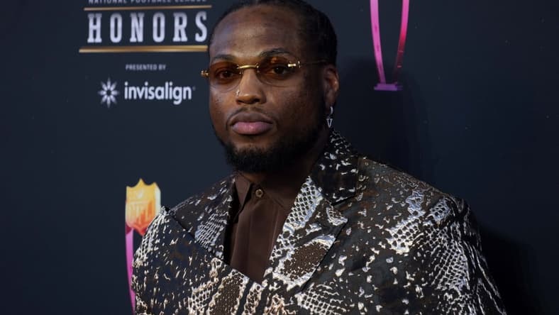 Feb 10, 2022; Los Angeles, CA, USA; Derrick Henry with the Tennessee Titans appears on the red carpet prior to the NFL Honors awards presentation at YouTube Theater. Mandatory Credit: Kirby Lee-USA TODAY Sports