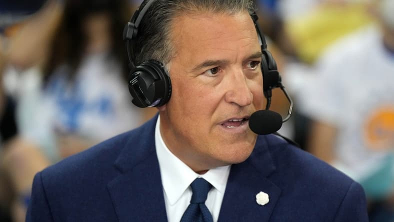 Feb 19, 2022; Los Angeles, California, USA; FS1 analyst Steve Lavin during the game between the UCLA Bruins and the Washington Huskies at Pauley Pavilion presented by Wescom. Mandatory Credit: Kirby Lee-USA TODAY Sports