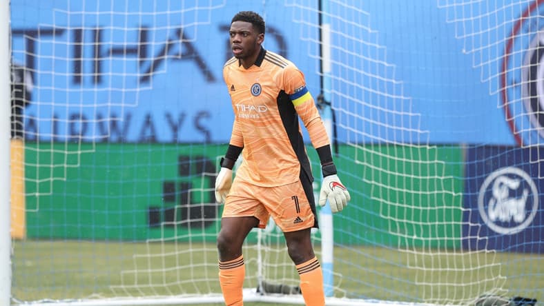 Mar 12, 2022; New York, New York, USA; New York City FC goalkeeper Sean Johnson (1) in action during the first half against CF Montreal at Yankee Stadium. Mandatory Credit: Vincent Carchietta-USA TODAY Sports