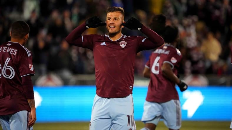 Mar 12, 2022; Commerce City, Colorado, USA; Colorado Rapids forward Diego Rubio (11) celebrates his goal in the first half against the Sporting Kansas City at Dick's Sporting Goods Park. Mandatory Credit: Ron Chenoy-USA TODAY Sports