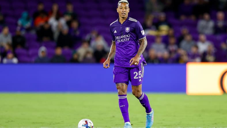 Mar 12, 2022; Orlando, Florida, USA;  Orlando City defender Antonio Carlos (25) looks to pass the ball in the first half against FC Cincinnati at Orlando City Stadium. Mandatory Credit: Nathan Ray Seebeck-USA TODAY Sports