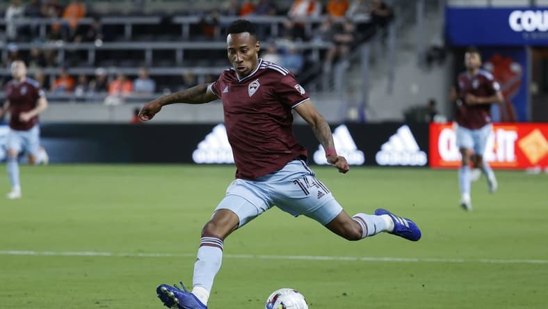 Mar 19, 2022; Houston, Texas, USA; Colorado Rapids midfielder Mark-Anthony Kaye (14) advances the ball during the second half against the Houston Dynamo FC at PNC Stadium. Mandatory Credit: Troy Taormina-USA TODAY Sports
