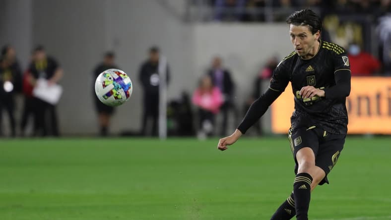 Mar 20, 2022; Los Angeles, California, USA; Los Angeles FC midfielder Ilie Sanchez (6) passes the ball during the first half against the Vancouver Whitecaps FC at Banc of California Stadium. Mandatory Credit: Kiyoshi Mio-USA TODAY Sports