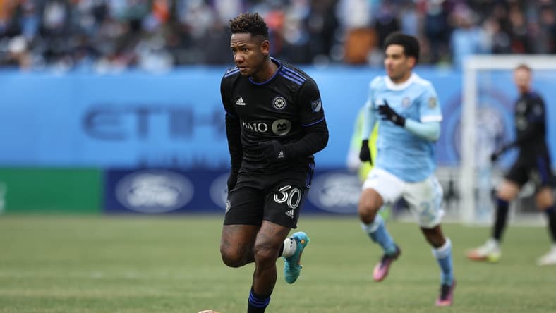 Mar 12, 2022; New York, New York, USA; CF Montreal forward Romell Quioto (30) plays the ball during the second half against New York City FC at Yankee Stadium. Mandatory Credit: Vincent Carchietta-USA TODAY Sports