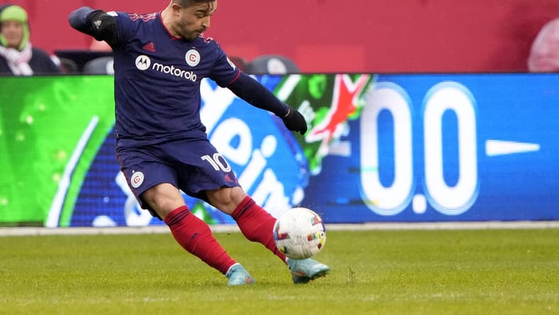 Mar 19, 2022; Chicago, Illinois, USA; Chicago Fire midfielder Xherdan Shaqiri (10) during the first half at Soldier Field. Mandatory Credit: Mike Dinovo-USA TODAY Sports