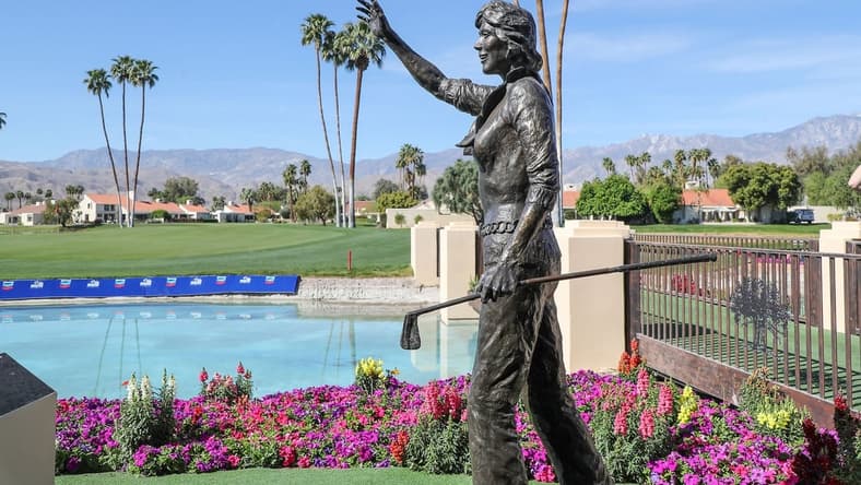 A statue of Dinah Shore overlooks the 18th green at Mission Hills Country Club Tournament Course in Rancho Mirage, Calif., March 24, 2022.  The course will host the Chevron Championship here March 30 through April 3rd.

Mission Hills Chevron Preview 2