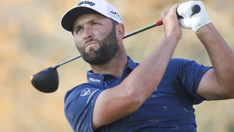 Mar 26, 2022; Austin, Texas, USA; Jon Rahm tees off on the 6th hole during the fourth round of the World Golf Championships-Dell Technologies Match Play golf tournament. Mandatory Credit: Erich Schlegel-USA TODAY Sports