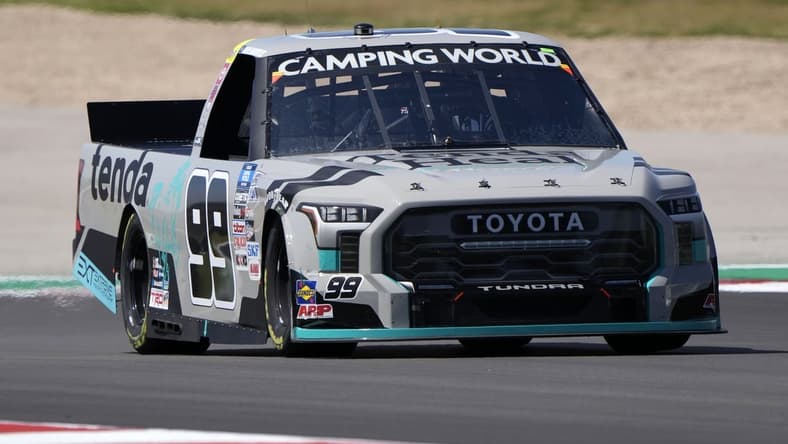 Mar 26, 2022; Austin, Texas, USA; NASCAR Truck Series driver Ben Rhodes (99) during the XPEL 225 at Circuit of the Americas. Mandatory Credit: Mike Dinovo-USA TODAY Sports