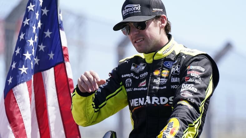 Mar 27, 2022; Austin, Texas, USA; NASCAR Cup Series driver Ryan Blaney (12) before the start of the EchoPark Automotive Texas Grand Prix at Circuit of the Americas. Mandatory Credit: Mike Dinovo-USA TODAY Sports