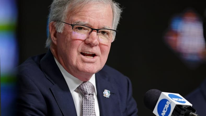 Mar 31, 2022; New Orleans, LA, USA; NCAA President Mark Emmert talks to media during a press conference the 2022 NCAA men's basketball tournament Final Four semifinals at Caesars Superdome. Mandatory Credit: Stephen Lew-USA TODAY Sports