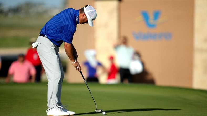 Apr 1, 2022; San Antonio, Texas, USA; Ryan Palmer putts on the 18th hole during the second round of the Valero Texas Open golf tournament. Mandatory Credit: Erik Williams-USA TODAY Sports