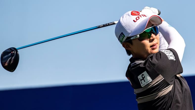 Hyo Joo Kim of South Korea tees off on hole one during round two of the Chevron Championship at Mission Hills Country Club in Rancho Mirage, Calif., Friday, April 1, 2022.