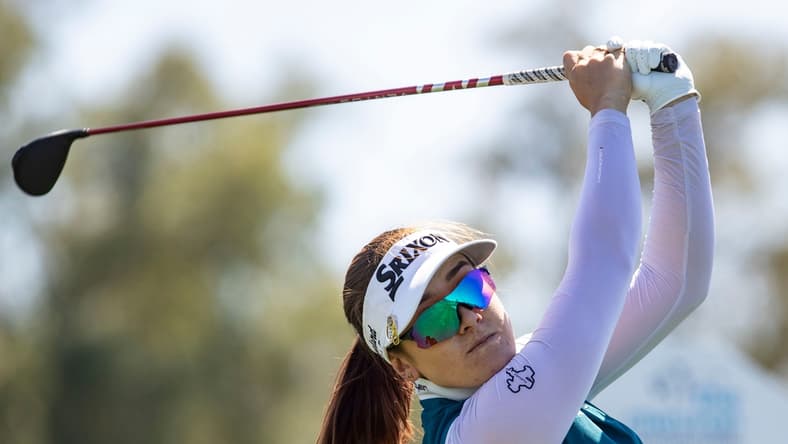 Hannah Green of Australia tees off on six during round two of the Chevron Championship at Mission Hills Country Club in Rancho Mirage, Calif., Friday, April 1, 2022.