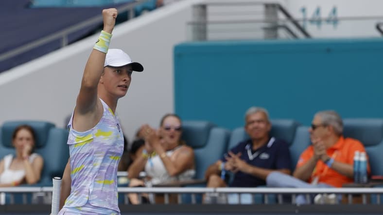 Apr 2, 2022; Miami Gardens, FL, USA; Iga Swiatek (POL) reacts after a breaking serve against Naomi Osaka (JPN)(not pictured) in the women's singles final in the Miami Open at Hard Rock Stadium. Mandatory Credit: Geoff Burke-USA TODAY Sports