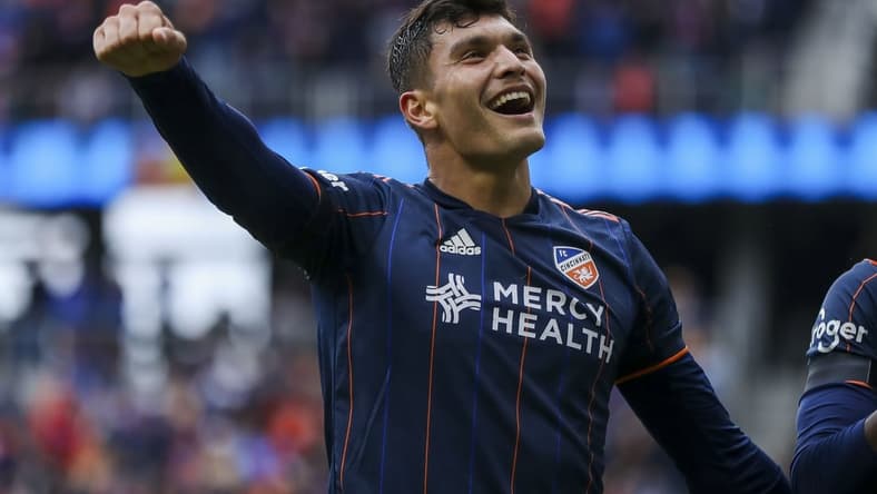 Apr 2, 2022; Cincinnati, Ohio, USA; FC Cincinnati forward Brandon Vazquez (19) reacts after scoring a goal against CF Montreal in the first half at TQL Stadium. Mandatory Credit: Katie Stratman-USA TODAY Sports