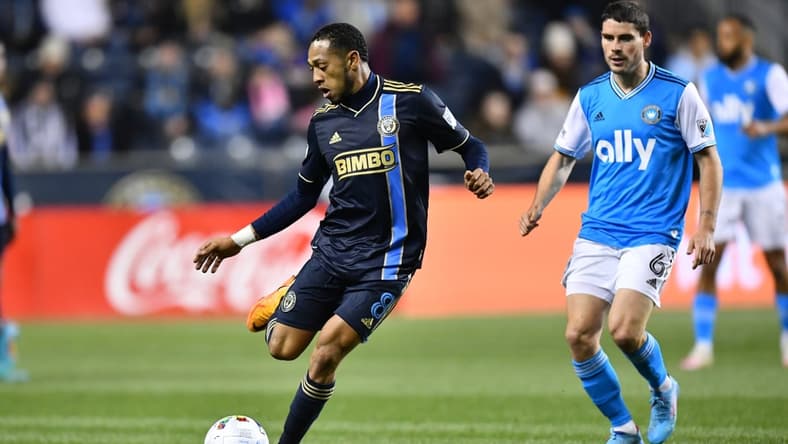 Apr 2, 2022; Philadelphia, Pennsylvania, USA; Philadelphia Union midfielder Jose Martinez (8) controls the ball in the first half against Charlotte FC at Subaru Park. Mandatory Credit: Kyle Ross-USA TODAY Sports