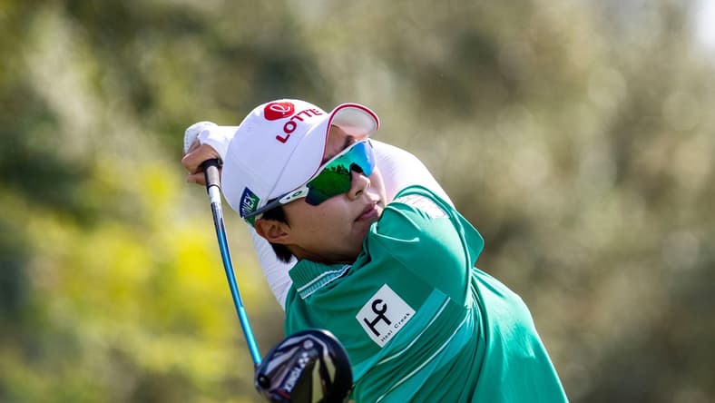 Hyo Joo Kim of South Korea hits her drive shot from the seventh tee box during round three of the Chevron Championship at Mission Hills Country Club in Rancho Mirage, Calif., Saturday, April 2, 2022.