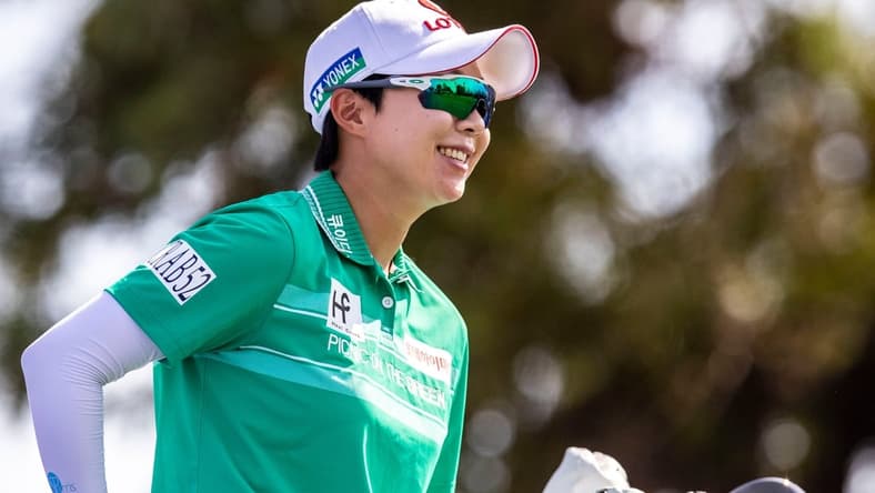 Hyo Joo Kim of South Korea smiles on the seventh tee box before taking her shot during round three of the Chevron Championship at Mission Hills Country Club in Rancho Mirage, Calif., Saturday, April 2, 2022.