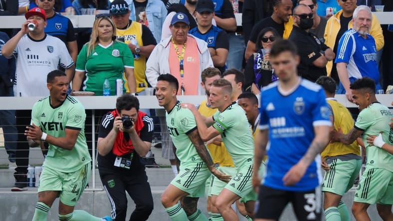 Apr 2, 2022; San Jose, California, USA; Austin FC forward Sebastian Driussi (7) celebrates with teammates after scoring on a penalty kick against the San Jose Earthquakes during the second half at PayPal Park. Mandatory Credit: Kelley L Cox-USA TODAY Sports