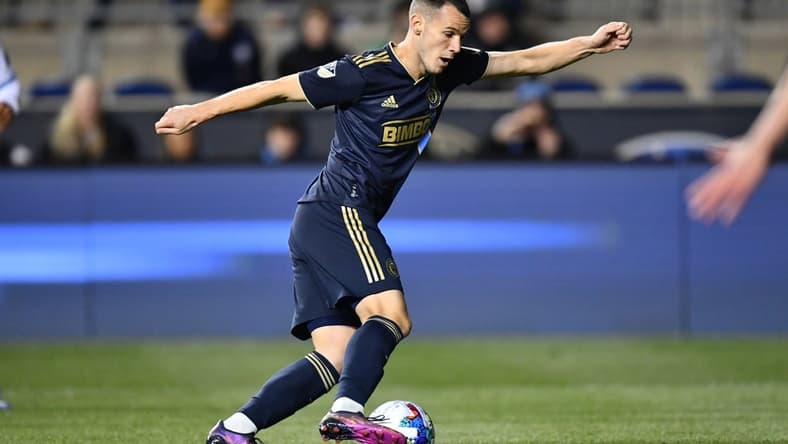 Apr 2, 2022; Philadelphia, Pennsylvania, USA; Philadelphia Union midfielder Daniel Gazdag (6) controls the ball in the second half against Charlotte FC at Subaru Park. Mandatory Credit: Kyle Ross-USA TODAY Sports