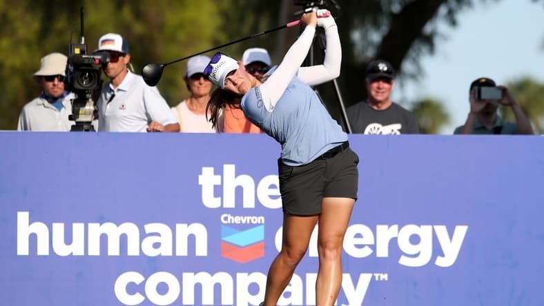 Jennifer Kupcho tees off on the 16th hole on the Dinah Shore Tournament Course during round three of the Chevron Championship at Mission Hills Country Club in Rancho Mirage, Calif., on Saturday, April 2, 2022.

Chevron Championship 3rd Round744