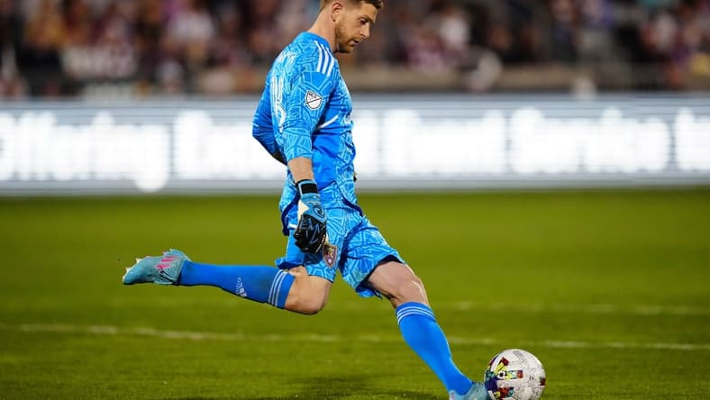 Apr 2, 2022; Commerce City, Colorado, USA; Real Salt Lake goalkeeper Zac MacMath (18) during the first half against the Colorado Rapids at Dick's Sporting Goods Park. Mandatory Credit: Ron Chenoy-USA TODAY Sports