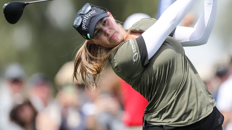 Jennifer Kupcho tees off on the 2nd hole during the final round of the Chevron Championship at Mission Hills Country Club in Rancho Mirage, Calif., April 3, 2022.

Chevron Championship Sunday 2