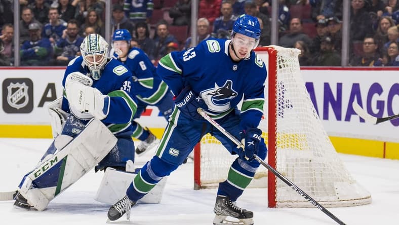 Apr 3, 2022; Vancouver, British Columbia, CAN; Vancouver Canucks goalie Thatcher Demko (35) looks on as defenseman Quinn Hughes (43)handles the puck against the Vegas Golden Knights in the third period at Rogers Arena. Vegas won 3-2 in overtime. Mandatory Credit: Bob Frid-USA TODAY Sports