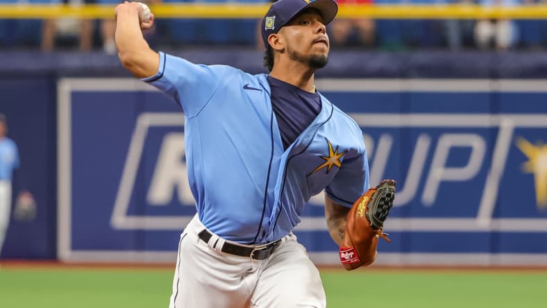 Apr 6, 2022; St. Petersburg, Florida, USA; Tampa Bay Rays starting pitcher Luis Patino (61) throws against the Philadelphia Phillies in the first inning during spring training at Tropicana Field. Mandatory Credit: Mike Watters-USA TODAY Sports