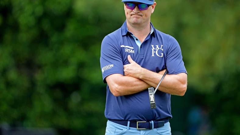 Apr 7, 2022; Augusta, Georgia, USA; Zach Johnson reacts to his putt on the third green during the first round of The Masters golf tournament. Mandatory Credit: Kyle Terada-USA TODAY Sports