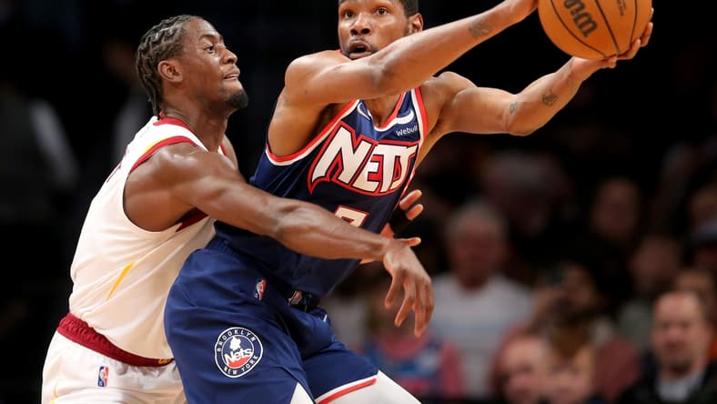 Apr 8, 2022; Brooklyn, New York, USA; Brooklyn Nets forward Kevin Durant (7) controls the ball against Cleveland Cavaliers guard Caris LeVert (3) during the first quarter at Barclays Center. Mandatory Credit: Brad Penner-USA TODAY Sports