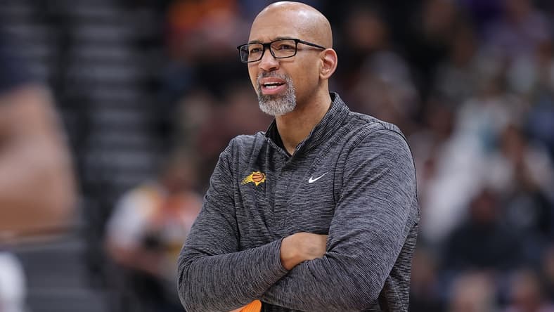 Apr 8, 2022; Salt Lake City, Utah, USA; Phoenix Suns head coach Monty Williams watches from the sideline during the first quarter against the Utah Jazz at Vivint Arena. Mandatory Credit: Rob Gray-USA TODAY Sports
