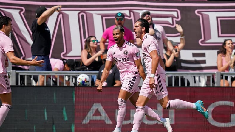 Apr 9, 2022; Fort Lauderdale, Florida, USA; Inter Miami CF forward Leonardo Campana (9) reacts with forward Ariel Lassiter (11) after scoring his second goal of the game against the New England Revolution during the first half at DRV PNK Stadium. Mandatory Credit: Jasen Vinlove-USA TODAY Sports