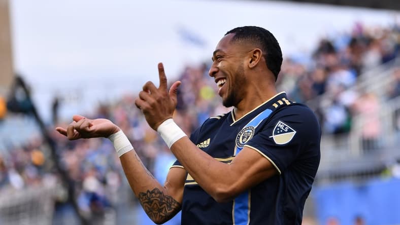Apr 9, 2022; Philadelphia, Pennsylvania, USA; Philadelphia Union midfielder Jose Andres Martinez (8) celebrates after scoring a goal against the Columbus Crew in the first half at Subaru Park. Mandatory Credit: Kyle Ross-USA TODAY Sports