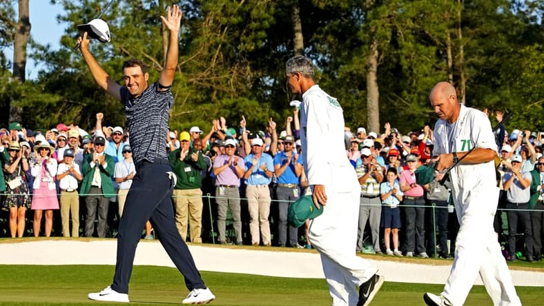 Apr 10, 2022; Augusta, Georgia, USA; Scott Scheffler celebrates after winning the Masters golf tournament. Mandatory Credit: Rob Schumacher-USA TODAY Sports