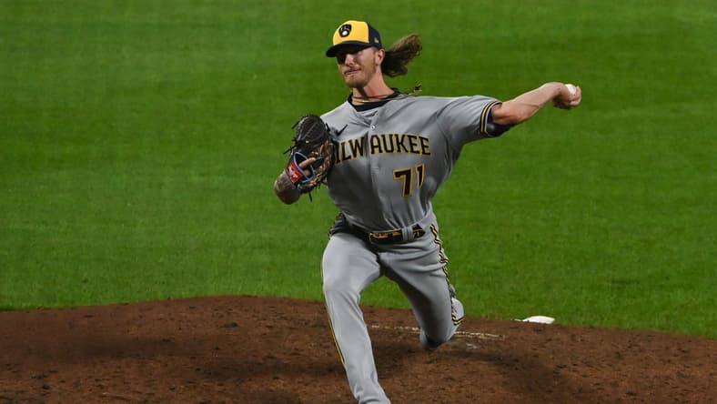 Apr 13, 2022; Baltimore, Maryland, USA; Milwaukee Brewers relief pitcher Josh Hader (71) delivers pitch during the ninth inning against the Baltimore Orioles at Oriole Park at Camden Yards. Mandatory Credit: Tommy Gilligan-USA TODAY Sports