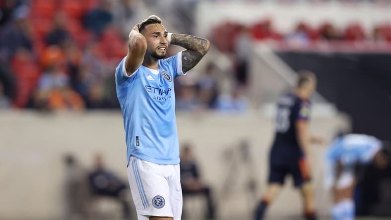 Apr 13, 2022; Harrison, NJ, USA; New York City FC forward Valentin Castellanos (11) reacts after a play against the Seattle Sounders during the second half at Red Bull Arena. Mandatory Credit: Vincent Carchietta-USA TODAY Sports