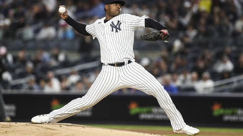 Apr 14, 2022; Bronx, New York, USA; New York Yankees starting pitcher Luis Severino (40) pitches in the first inning against the Toronto Blue Jays at Yankee Stadium. Mandatory Credit: Wendell Cruz-USA TODAY Sports